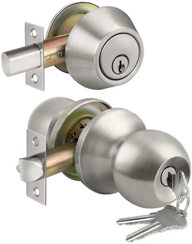 Main image of Keyed Same Exterior Door Knob and Single Cylinder Deadbolt Combo Set, Keyed Alike Entry Door Knobs with Lock and Keys for Entrance and Front Door, Satin Nickel
