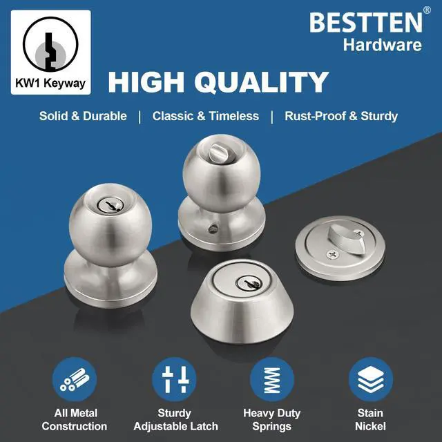 Alt view image 5 of 7 - Keyed Same Exterior Door Knob and Single Cylinder Deadbolt Combo Set, Keyed Alike Entry Door Knobs with Lock and Keys for Entrance and Front Door, Satin Nickel