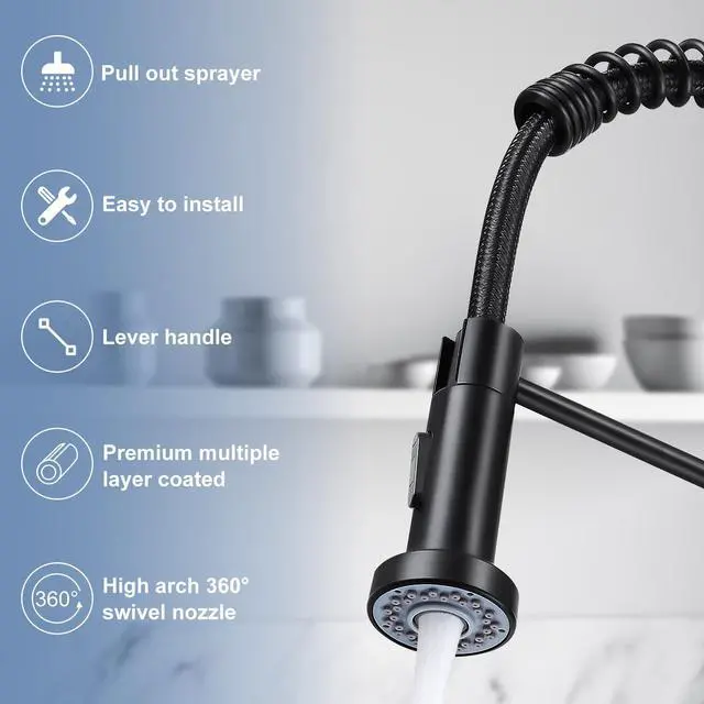 Alt view image 3 of 7 - Kitchen Sink Faucet with Pull Down Sprayer Single Handle Matte Black | Dual Spray Modes,360° Swivel,304 Stainless Steel,1 or 3 Holes with Deck Plate for Farmhouse RV Vessel Basin
