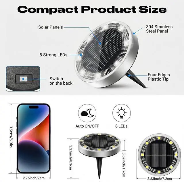 Alt view image 6 of 7 - Solar Lights Outdoor Waterproof, 8 Pack Solar Powered Ground Lights Outdoor, IP68 Waterproof, Anti-Rust, Solar Garden Lights Landscape Lighting for Pathway Yard Lawn Walkway Driveway,Cool White