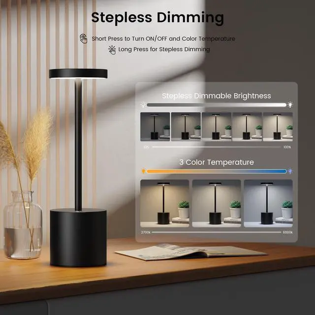 Alt view image 4 of 7 - 2 Pack Rechargeable Table Lamp, LED Cordless Table Lamp,5000mAh Battery Operated Portable Table Light,Dimming for Restaurant/Patio/Outdoor(Black)