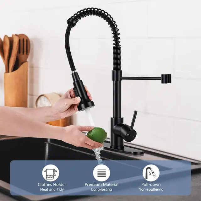 Alt view image 4 of 7 - Kitchen Sink Faucet with Pull Down Sprayer Single Handle Matte Black | Dual Spray Modes,360° Swivel,304 Stainless Steel,1 or 3 Holes with Deck Plate for Farmhouse RV Vessel Basin