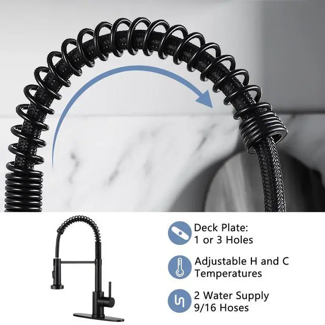 Alt view image 6 of 7 - Kitchen Sink Faucet with Pull Down Sprayer Single Handle Matte Black | Dual Spray Modes,360° Swivel,304 Stainless Steel,1 or 3 Holes with Deck Plate for Farmhouse RV Vessel Basin