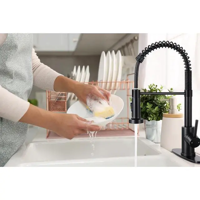 Alt view image 7 of 7 - Kitchen Sink Faucet with Pull Down Sprayer Single Handle Matte Black | Dual Spray Modes,360° Swivel,304 Stainless Steel,1 or 3 Holes with Deck Plate for Farmhouse RV Vessel Basin
