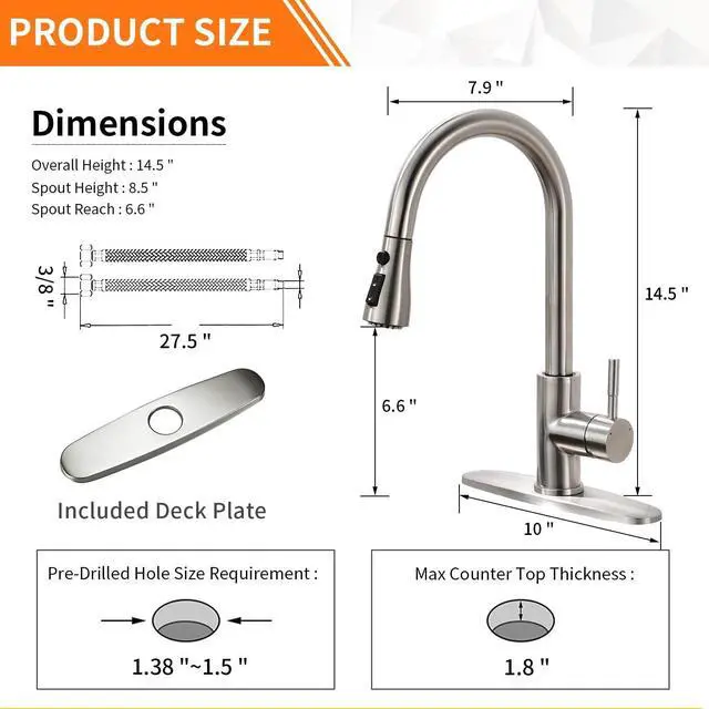 Alt view image 3 of 7 - Brushed Nickel Kitchen Faucets with Pull Down Sprayer Kitchen Sink Faucet with Pull Out Sprayer Single Hole Deck Mount Single Handle Stainless Steel Grifos De Cocina 866068SN