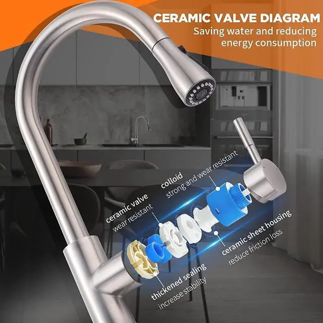 Alt view image 5 of 7 - Brushed Nickel Kitchen Faucets with Pull Down Sprayer Kitchen Sink Faucet with Pull Out Sprayer Single Hole Deck Mount Single Handle Stainless Steel Grifos De Cocina 866068SN