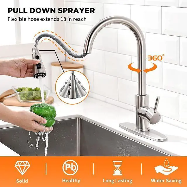 Alt view image 2 of 7 - Brushed Nickel Kitchen Faucets with Pull Down Sprayer Kitchen Sink Faucet with Pull Out Sprayer Single Hole Deck Mount Single Handle Stainless Steel Grifos De Cocina 866068SN