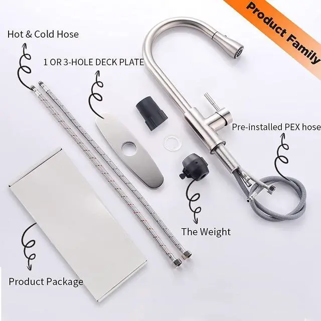 Alt view image 6 of 7 - Brushed Nickel Kitchen Faucets with Pull Down Sprayer Kitchen Sink Faucet with Pull Out Sprayer Single Hole Deck Mount Single Handle Stainless Steel Grifos De Cocina 866068SN