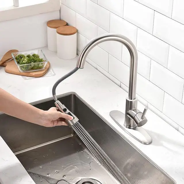 Alt view image 7 of 7 - Brushed Nickel Kitchen Faucets with Pull Down Sprayer Kitchen Sink Faucet with Pull Out Sprayer Single Hole Deck Mount Single Handle Stainless Steel Grifos De Cocina 866068SN