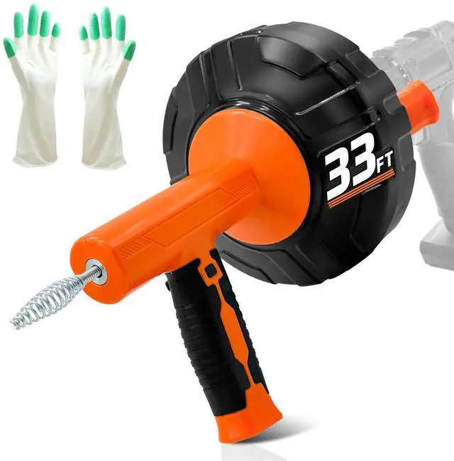 Main image of Drain Auger 33Ft, Auto-Feed Drain Snake Hair Drain Clog Remover, Orange | Drill Adapter for Quickly Unclogging, Long Flexible Plumbing Snake for Deep Pipe Clog, Bathroom Shower, Bathtub, Kitchen Sink
