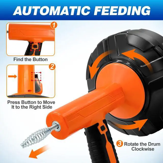 Alt view image 2 of 7 - Drain Auger 33Ft, Auto-Feed Drain Snake Hair Drain Clog Remover, Orange | Drill Adapter for Quickly Unclogging, Long Flexible Plumbing Snake for Deep Pipe Clog, Bathroom Shower, Bathtub, Kitchen Sink