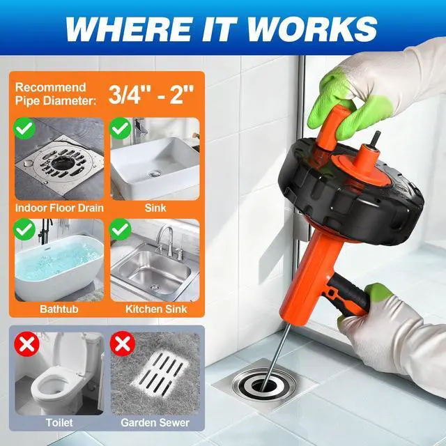 Alt view image 3 of 7 - Drain Auger 33Ft, Auto-Feed Drain Snake Hair Drain Clog Remover, Orange | Drill Adapter for Quickly Unclogging, Long Flexible Plumbing Snake for Deep Pipe Clog, Bathroom Shower, Bathtub, Kitchen Sink