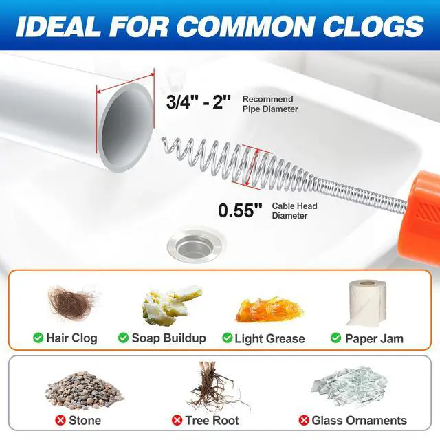 Alt view image 4 of 7 - Drain Auger 33Ft, Auto-Feed Drain Snake Hair Drain Clog Remover, Orange | Drill Adapter for Quickly Unclogging, Long Flexible Plumbing Snake for Deep Pipe Clog, Bathroom Shower, Bathtub, Kitchen Sink