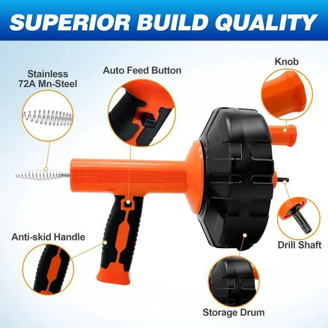 Alt view image 7 of 7 - Drain Auger 33Ft, Auto-Feed Drain Snake Hair Drain Clog Remover, Orange | Drill Adapter for Quickly Unclogging, Long Flexible Plumbing Snake for Deep Pipe Clog, Bathroom Shower, Bathtub, Kitchen Sink