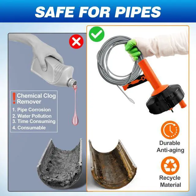 Alt view image 6 of 7 - Drain Auger 33Ft, Auto-Feed Drain Snake Hair Drain Clog Remover, Orange | Drill Adapter for Quickly Unclogging, Long Flexible Plumbing Snake for Deep Pipe Clog, Bathroom Shower, Bathtub, Kitchen Sink