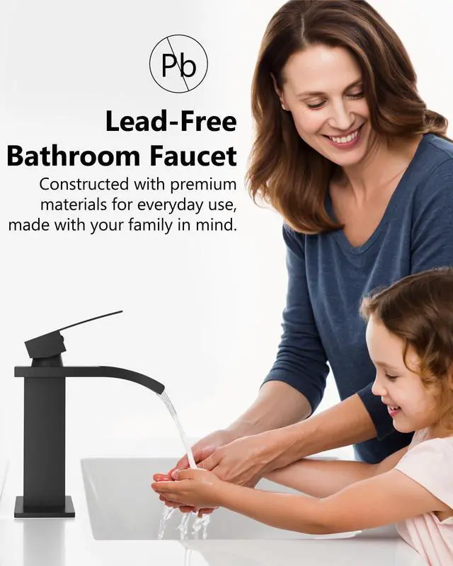 Alt view image 2 of 7 - Matte Black Waterfall Bathroom Faucet 1-Handle Vanity Faucet | Stainless Steel Modern Bathroom Sink Faucet,Pop-Up Drain, Supply Lines 6-in Deck Plate, 1- or 3-Hole, NSF Certified