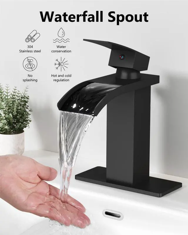Alt view image 3 of 7 - Matte Black Waterfall Bathroom Faucet 1-Handle Vanity Faucet | Stainless Steel Modern Bathroom Sink Faucet,Pop-Up Drain, Supply Lines 6-in Deck Plate, 1- or 3-Hole, NSF Certified