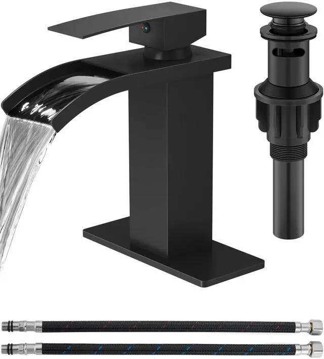 Main image of Matte Black Waterfall Bathroom Faucet 1-Handle Vanity Faucet | Stainless Steel Modern Bathroom Sink Faucet,Pop-Up Drain, Supply Lines 6-in Deck Plate, 1- or 3-Hole, NSF Certified