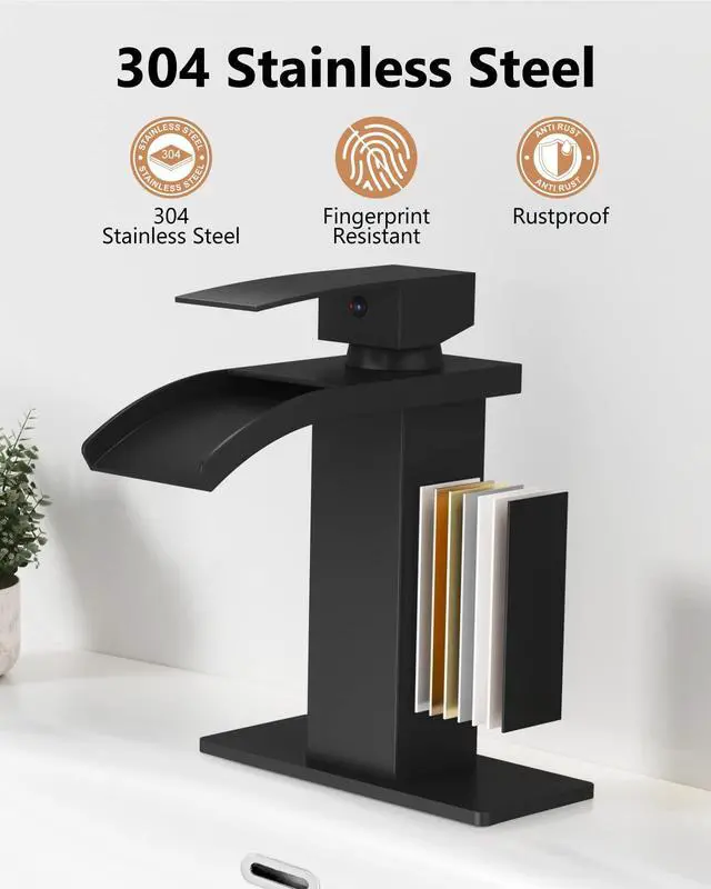 Alt view image 4 of 7 - Matte Black Waterfall Bathroom Faucet 1-Handle Vanity Faucet | Stainless Steel Modern Bathroom Sink Faucet,Pop-Up Drain, Supply Lines 6-in Deck Plate, 1- or 3-Hole, NSF Certified