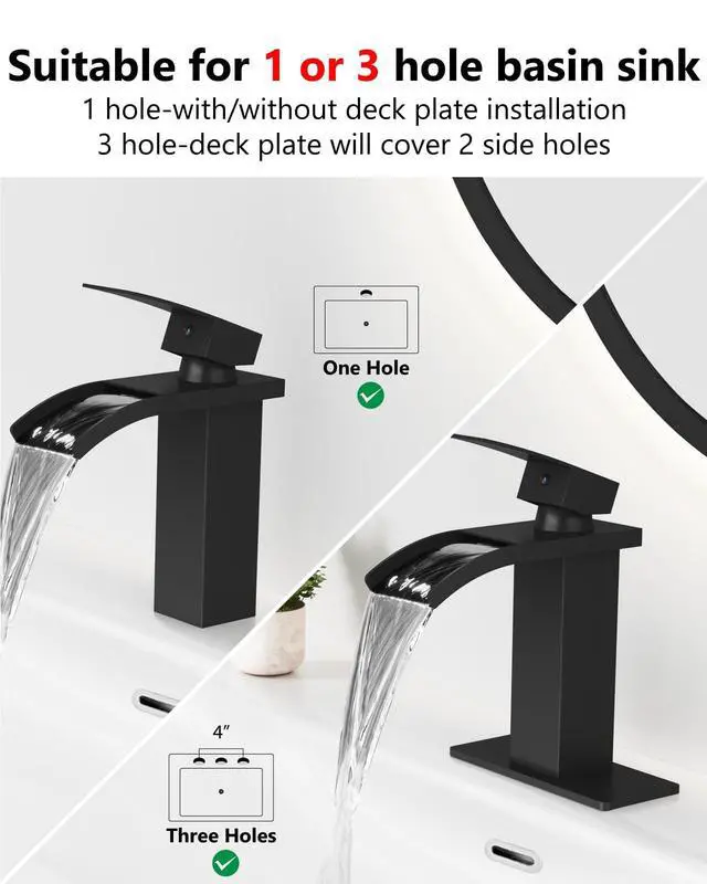 Alt view image 5 of 7 - Matte Black Waterfall Bathroom Faucet 1-Handle Vanity Faucet | Stainless Steel Modern Bathroom Sink Faucet,Pop-Up Drain, Supply Lines 6-in Deck Plate, 1- or 3-Hole, NSF Certified