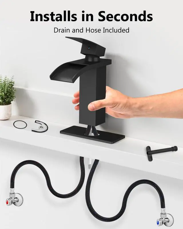 Alt view image 7 of 7 - Matte Black Waterfall Bathroom Faucet 1-Handle Vanity Faucet | Stainless Steel Modern Bathroom Sink Faucet,Pop-Up Drain, Supply Lines 6-in Deck Plate, 1- or 3-Hole, NSF Certified
