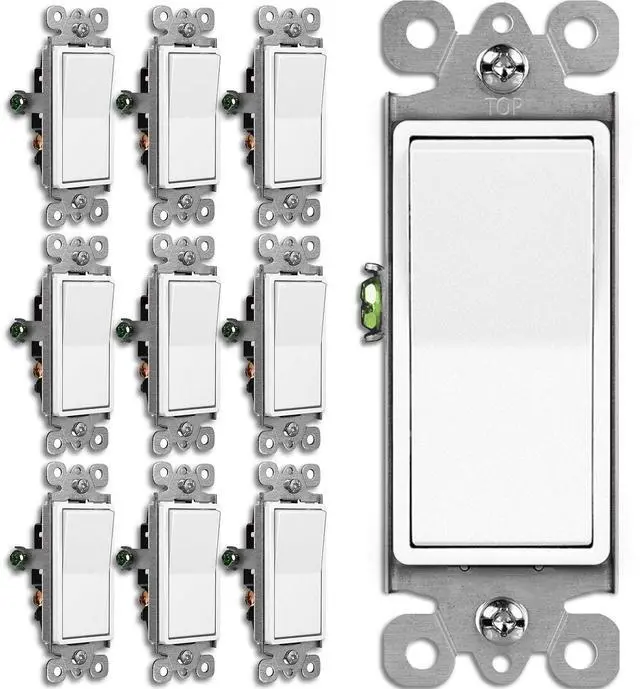 Main image of 10 Pack 3-Way Decorator Light Switch, Single Pole or Three Way | UL Listed, 15A 120/277V, Rocker Paddle Wall Switch, On/Off Rocker Interrupter, White