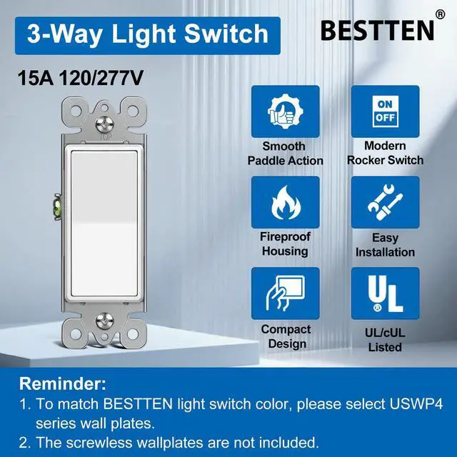 Alt view image 2 of 7 - 10 Pack 3-Way Decorator Light Switch, Single Pole or Three Way | UL Listed, 15A 120/277V, Rocker Paddle Wall Switch, On/Off Rocker Interrupter, White