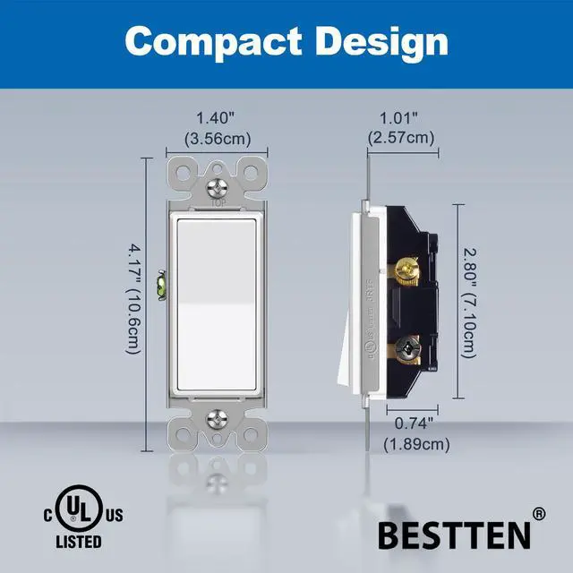 Alt view image 6 of 7 - 10 Pack 3-Way Decorator Light Switch, Single Pole or Three Way | UL Listed, 15A 120/277V, Rocker Paddle Wall Switch, On/Off Rocker Interrupter, White