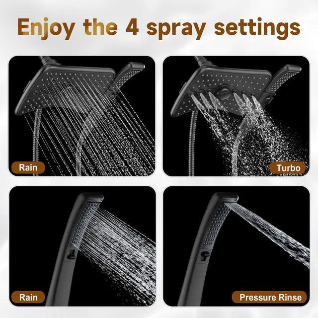 Alt view image 2 of 7 - High Pressure Dual Shower Head Combo with Rainfall & Handheld, 4 Spray Settings, Tool-Free Installation, 60" Stainless Steel Hose, Matte Black