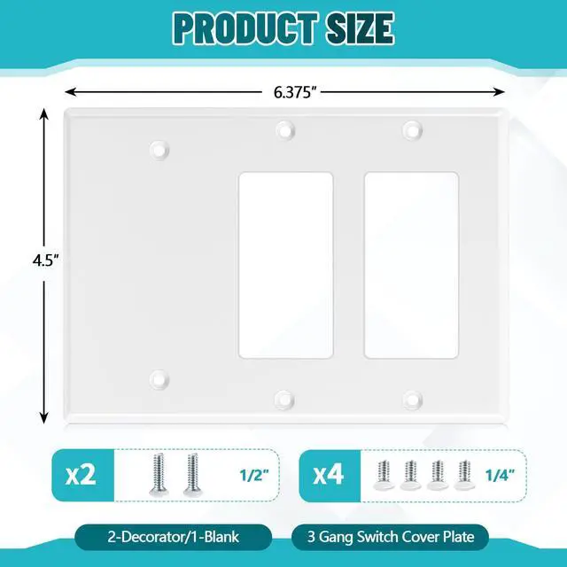 Alt view image 2 of 7 - 1 Pcs 3-gang 2-decorator 1-blank Wall Plate Standard Size Stainless Steel White Light Switch Plate Gloss Finish Size 3-gang 4.50" x 6.38" Corrosion-resistant Gfci Outlet Receptacle