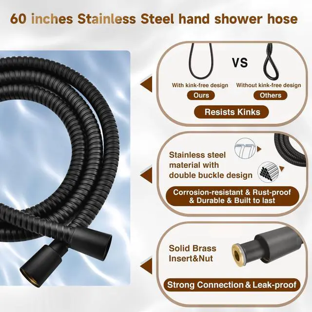 Alt view image 5 of 7 - High Pressure Dual Shower Head Combo with Rainfall & Handheld, 4 Spray Settings, Tool-Free Installation, 60" Stainless Steel Hose, Matte Black