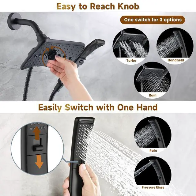 Alt view image 2 of 7 - High Pressure Dual Shower Head Combo with Rainfall & Handheld, 4 Spray Settings, Tool-Free Installation, 60" Stainless Steel Hose, Matte Black