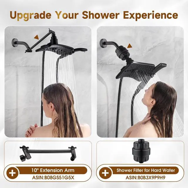 Alt view image 6 of 7 - High Pressure Dual Shower Head Combo with Rainfall & Handheld, 4 Spray Settings, Tool-Free Installation, 60" Stainless Steel Hose, Matte Black
