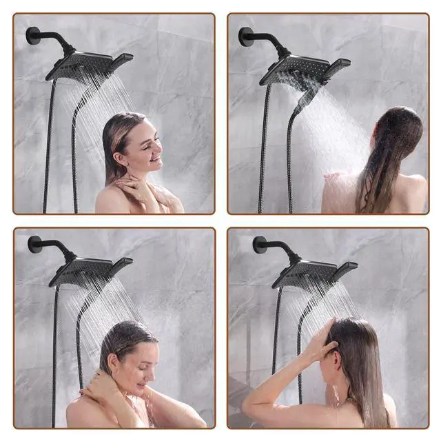 Alt view image 3 of 7 - High Pressure Dual Shower Head Combo with Rainfall & Handheld, 4 Spray Settings, Tool-Free Installation, 60" Stainless Steel Hose, Matte Black