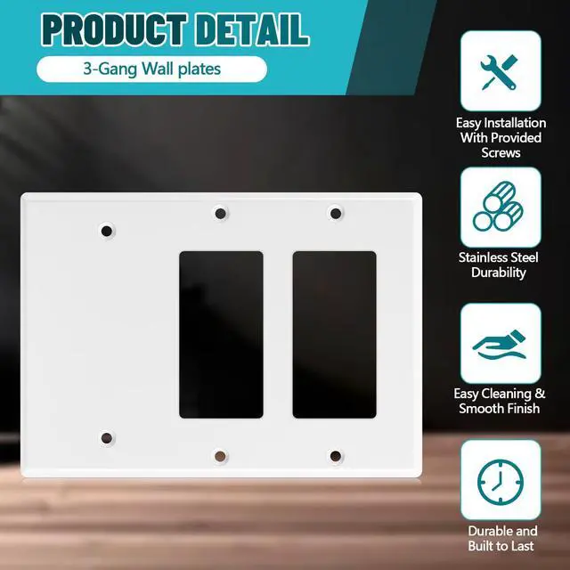 Alt view image 3 of 7 - 1 Pcs 3-gang 2-decorator 1-blank Wall Plate Standard Size Stainless Steel White Light Switch Plate Gloss Finish Size 3-gang 4.50" x 6.38" Corrosion-resistant Gfci Outlet Receptacle