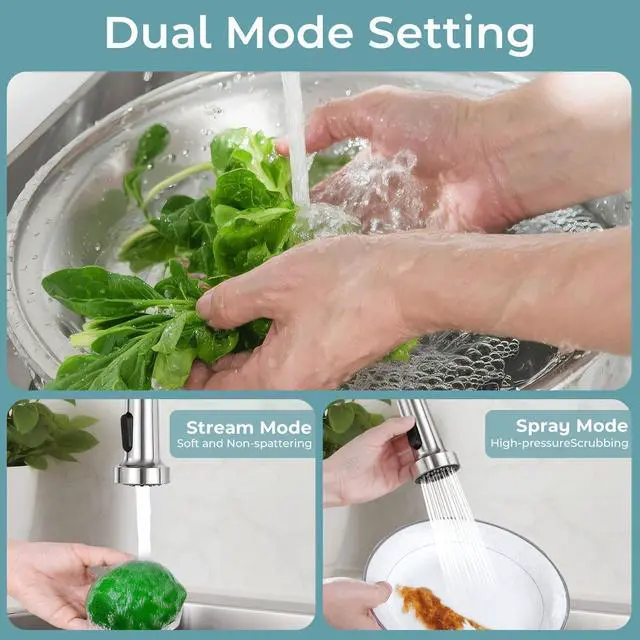 Alt view image 2 of 6 - Kitchen Faucet with Pull Down Sprayer, Brushed Nickel | 2-mode sprayer, 360° high arc spout, 304 SS build, drip-free valve, fingerprint-resistant, DIY install, NSF certified