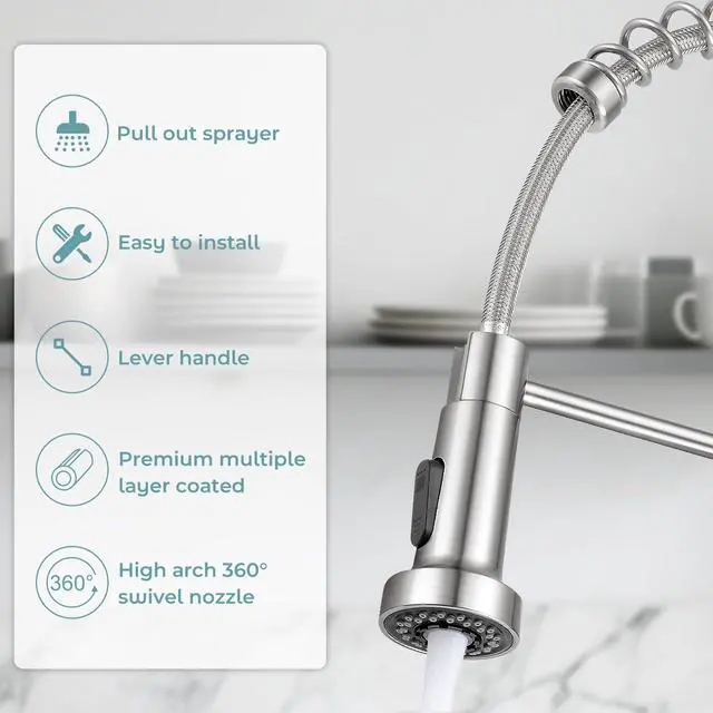 Alt view image 3 of 6 - Kitchen Faucet with Pull Down Sprayer, Brushed Nickel | 2-mode sprayer, 360° high arc spout, 304 SS build, drip-free valve, fingerprint-resistant, DIY install, NSF certified