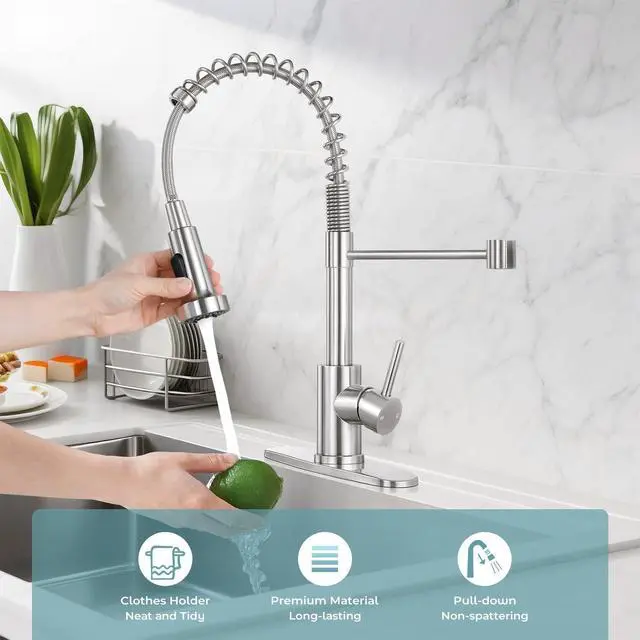 Alt view image 4 of 6 - Kitchen Faucet with Pull Down Sprayer, Brushed Nickel | 2-mode sprayer, 360° high arc spout, 304 SS build, drip-free valve, fingerprint-resistant, DIY install, NSF certified