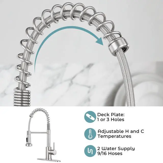 Alt view image 6 of 6 - Kitchen Faucet with Pull Down Sprayer, Brushed Nickel | 2-mode sprayer, 360° high arc spout, 304 SS build, drip-free valve, fingerprint-resistant, DIY install, NSF certified