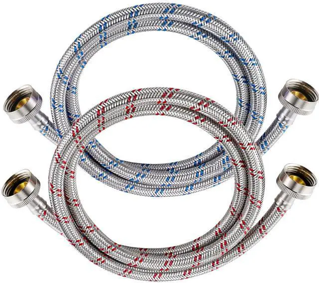 Main image of 4 Ft Washing Machine Hoses, 2 Packs Premium Stainless Steel Washer Hoses Burst Proof, Hot and Cold Striped Water Supply Hoses with 3/4'' Standard Interface fit for ALL Washer
