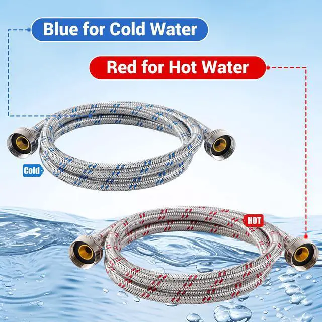 Alt view image 2 of 6 - 4 Ft Washing Machine Hoses, 2 Packs Premium Stainless Steel Washer Hoses Burst Proof, Hot and Cold Striped Water Supply Hoses with 3/4'' Standard Interface fit for ALL Washer