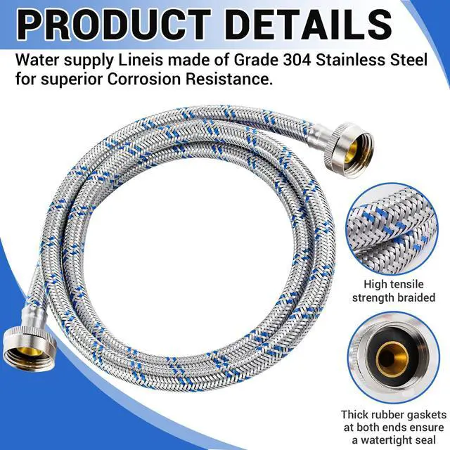 Alt view image 3 of 6 - 4 Ft Washing Machine Hoses, 2 Packs Premium Stainless Steel Washer Hoses Burst Proof, Hot and Cold Striped Water Supply Hoses with 3/4'' Standard Interface fit for ALL Washer