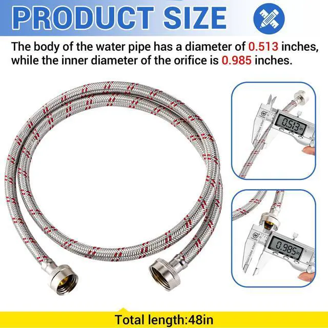Alt view image 4 of 6 - 4 Ft Washing Machine Hoses, 2 Packs Premium Stainless Steel Washer Hoses Burst Proof, Hot and Cold Striped Water Supply Hoses with 3/4'' Standard Interface fit for ALL Washer
