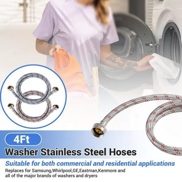 Alt view image 6 of 6 - 4 Ft Washing Machine Hoses, 2 Packs Premium Stainless Steel Washer Hoses Burst Proof, Hot and Cold Striped Water Supply Hoses with 3/4'' Standard Interface fit for ALL Washer