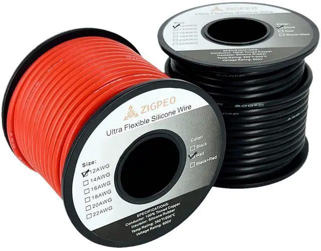 Main image of 12 AWG Silicone Wire 50FT, Extra Flexible 12 Gauge Stranded Copper Wire, High Temp 392 600V - RC, Automotive, Battery | Tinned Copper Conductor - 25FT Red & 25FT Black Spools