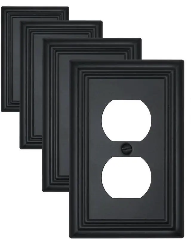 Main image of Switch Plates Outlet Covers, 4-Pack Metal Wall Plates, Black Finish | Midsize Duplex Outlet Cover, Ideal for Electrical Outlets, Light Switches in Bedroom Hallway Bathroom Kitchen