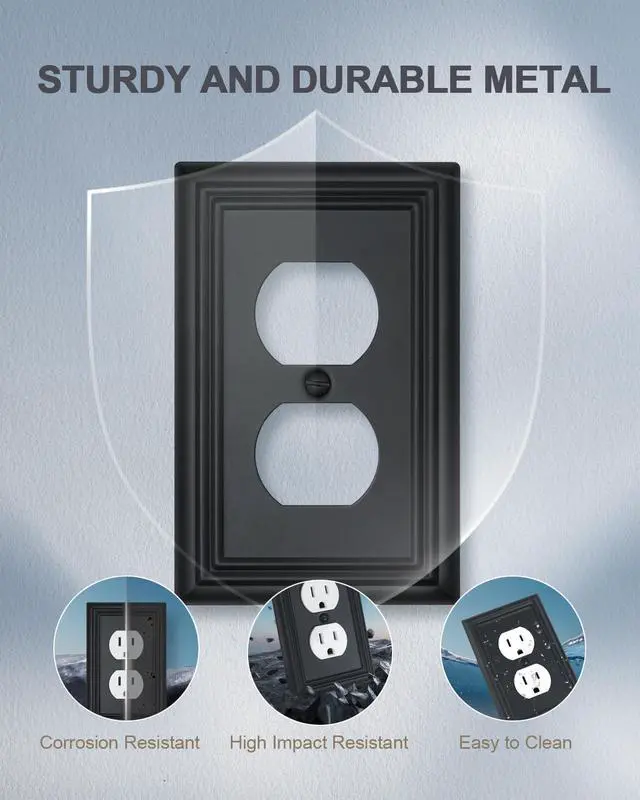 Alt view image 4 of 7 - Switch Plates Outlet Covers, 4-Pack Metal Wall Plates, Black Finish | Midsize Duplex Outlet Cover, Ideal for Electrical Outlets, Light Switches in Bedroom Hallway Bathroom Kitchen