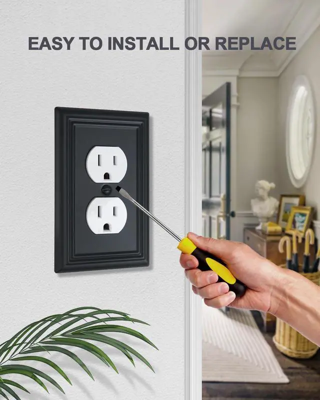 Alt view image 5 of 7 - Switch Plates Outlet Covers, 4-Pack Metal Wall Plates, Black Finish | Midsize Duplex Outlet Cover, Ideal for Electrical Outlets, Light Switches in Bedroom Hallway Bathroom Kitchen