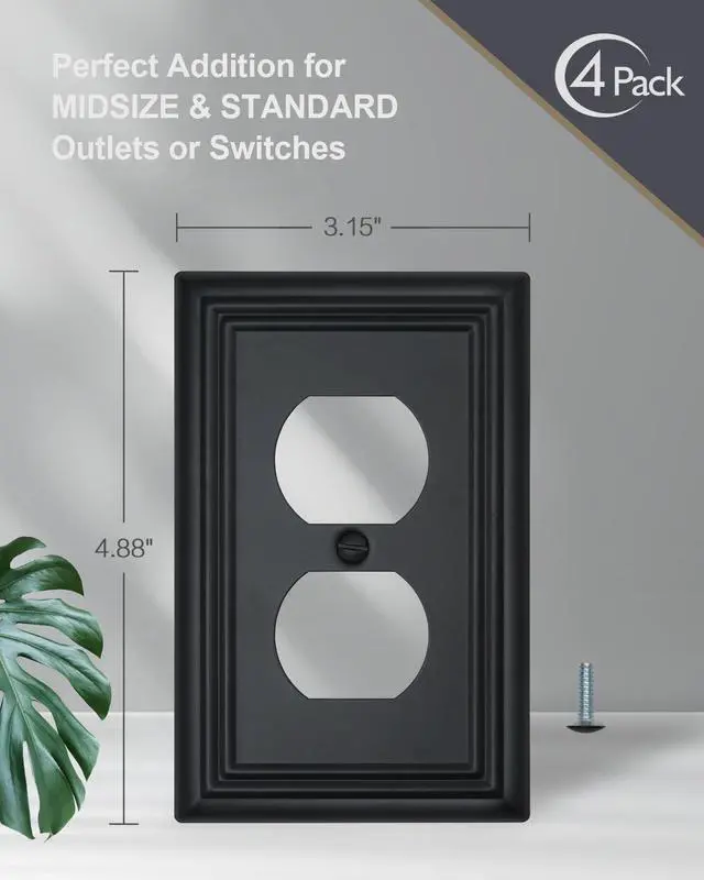 Alt view image 6 of 7 - Switch Plates Outlet Covers, 4-Pack Metal Wall Plates, Black Finish | Midsize Duplex Outlet Cover, Ideal for Electrical Outlets, Light Switches in Bedroom Hallway Bathroom Kitchen