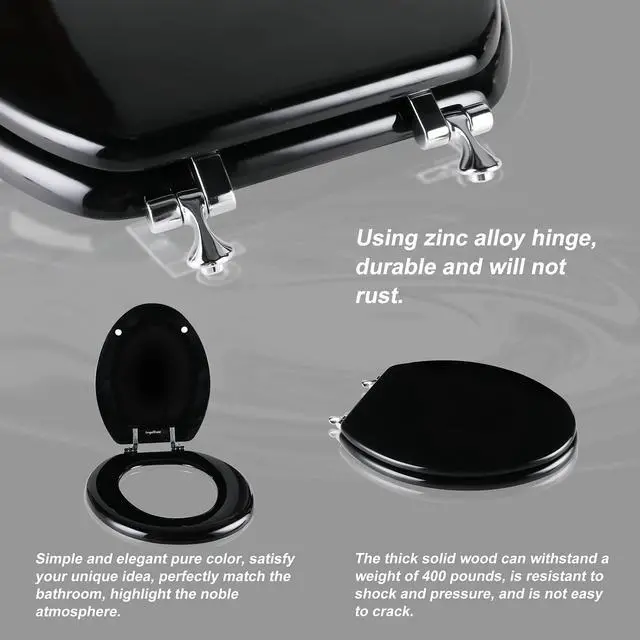 Alt view image 2 of 6 - Black Elongated Toilet Seat Wooden Toilet Seat with Zinc Alloy Hinges | Easy to Install also Easy to Clean, Scratch Resistant Toilet Seat by